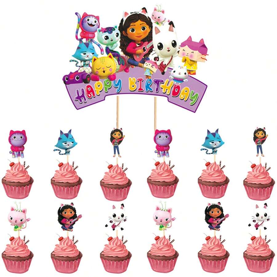 Gabby's Dollhouse Gabby's Dollhouse Cake Sign Birthday Decoration Plugin, Creative Dessert Table Arrangement, Birthday, Christmas, Halloween And Thanksgiving Party Supplies, Ins-Style Photo Props, Disposable Cake Sign.