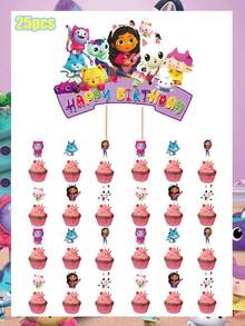 Gabby's Dollhouse Gabby's Dollhouse Cake Sign Birthday Decoration Plugin, Creative Dessert Table Arrangement, Birthday, Christmas, Halloween And Thanksgiving Party Supplies, Ins-Style Photo Props, Disposable Cake Sign.