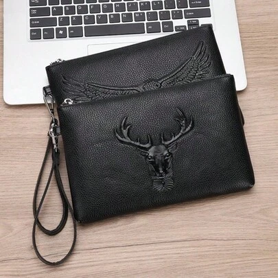 1 件黑色鹰/鹿头图案 PU 皮革手拿包，时尚简约商务风格男士腕包，拉链开合带腕带，可容纳手机、现金、卡，防水防刮，轻巧便携，适合工作、会议、用餐，是送给男士、丈夫、老板、同事的绝佳礼物