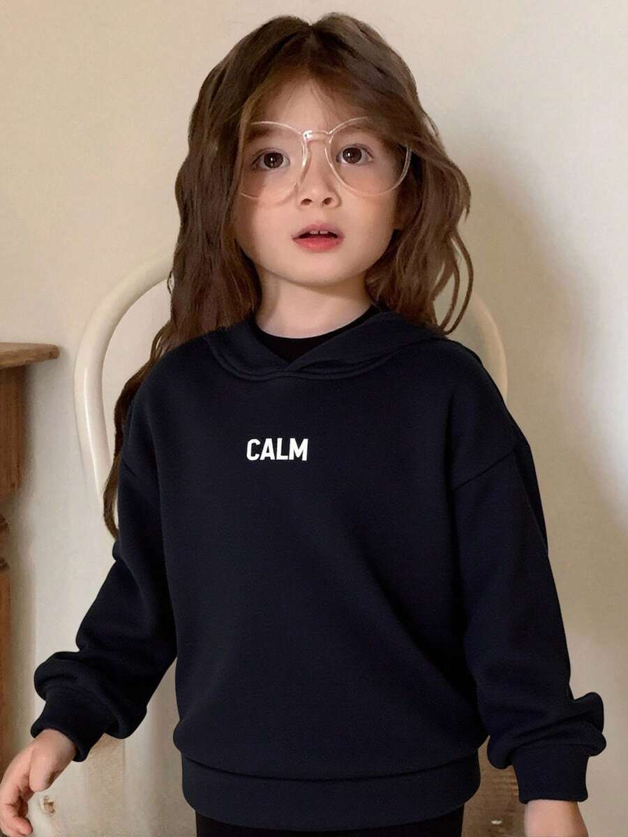 DAZY 女童针织连帽抓绒卫衣，字母印花，秋季服装 - 藏蓝色 - 查看 1