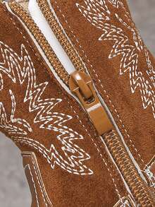 Girls' Fashion Embroidered Design Tall Chelsea Boots, Outdoor Boots, Soft & Comfortable - Brown - View 6