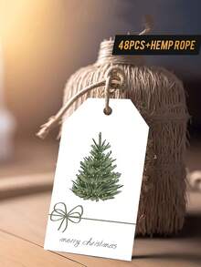 48pcs Christmas Gift Tags With Rope Presenting A Light Background With Watercolor Tree And Bow Design, Perfect For Gift Wrapping, Art Decorating, Seasonal Greetings And More, Evoking Holiday Elegance! - Multicolor - View 1