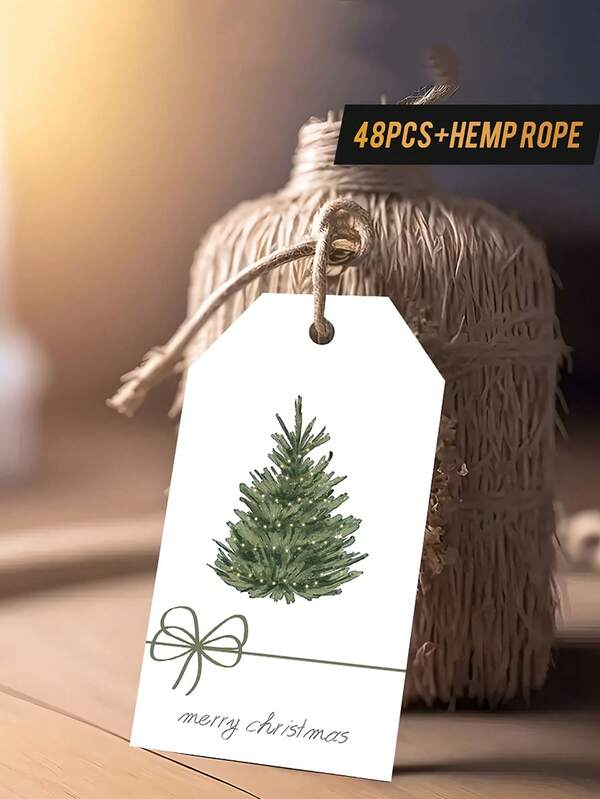 48pcs Christmas Gift Tags With Rope Presenting A Light Background With Watercolor Tree And Bow Design, Perfect For Gift Wrapping, Art Decorating, Seasonal Greetings And More, Evoking Holiday Elegance!