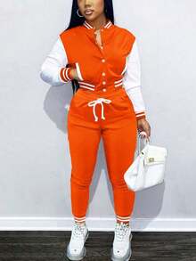 Fooullaide Womens Two Piece Tracksuit Button Down Cropped Varsity Jacket Pants Set Jogger Sweatsuit - 橘色 - 查看 4