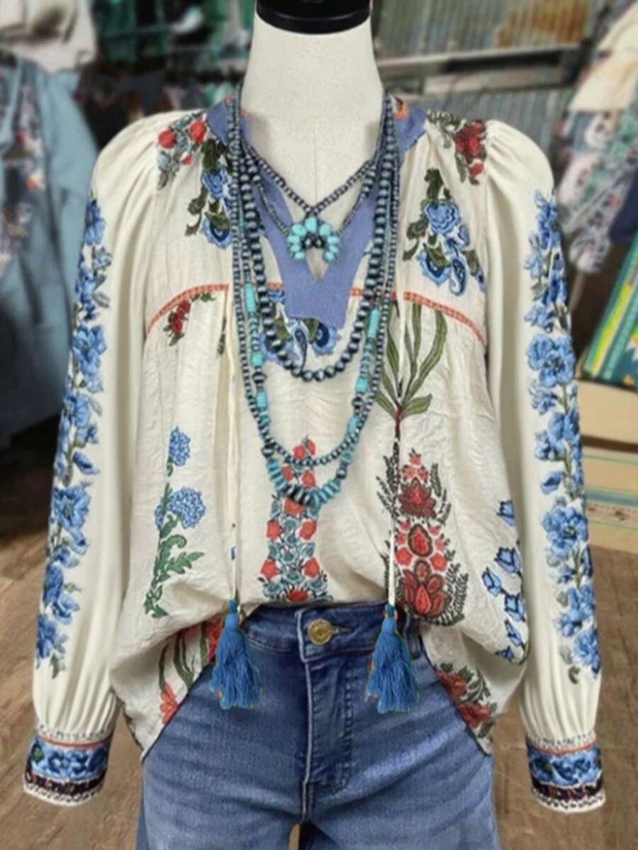 Boho Floral Print Long Sleeve Blouse For Women, Vintage-Inspired V Neck Top With Tassel Tie, Casual Loose Fit Holiday Shirt, Stylish Fashion Outfit For Christmas, Halloween, Parties, Travel, And Everyday Wear, Chic Spring Autumn Ladies Clothing - 白色 - 查看 1