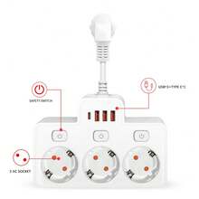 EU Standard Wall Mounted Power Socket With 3 AC Outlets, 3 USB Ports And 1 Type-C Port, 2500W, Individual Switch Control, Black/White, Flexible Short Cord Design, Anti-Bending, Suitable For Various Compact Environments, Widely Spaced Outlets To Avoid Tangling