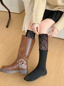 1/3双女士黑白蕾丝拼接过膝袜，复古风格，可搭配高筒靴，独特保暖的圣诞/新年礼物，情人节特惠 - 黑色 - 查看 5