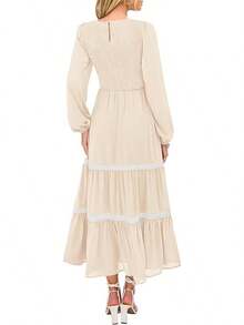KIRUNDO Smocked Boho Tiered Lace Trim Flowy Maxi Dress Long Dresseshalloween - Màu be - Xem 11
