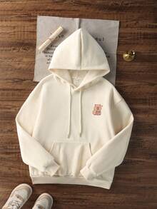 女士休闲印花宽松保暖长袖卫衣，冬季款 - 杏色 - 查看 4