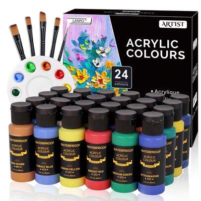 Set de 24 colores de pintura acrílica, pinturas acrílicas en botellas de 2oz/60ml, con 5 pinceles, 1 esponja y 1 paleta, sin decoloración, pigmento rico, para artistas y adultos, para pintar en rocas, lienzos, madera, tela, cerámica y piedra, 12/24 colores, pintura acrílica de 12 ml