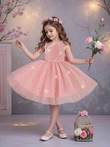 Young Girls' Faux Pearl Shoulder Sequin Mesh Bow Back Elegant Dress, Suitable For Flower Girl, Birthday Party, No Headband Included
