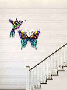 户外花园装饰蝴蝶和蜂鸟，彩色金属装饰品，适用于庭院、草坪、露台、栅栏和花园墙壁，是送给自然爱好者的完美礼物，也是理想的花园墙面装饰品。 - 彩色 - 查看 6