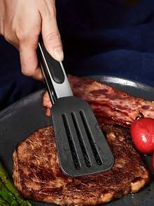 1pc Stainless Steel Food Tongs, Camping Outdoor BBQ Tongs, Baking Kitchen Tongs, Steak Tongs - Black - View 1