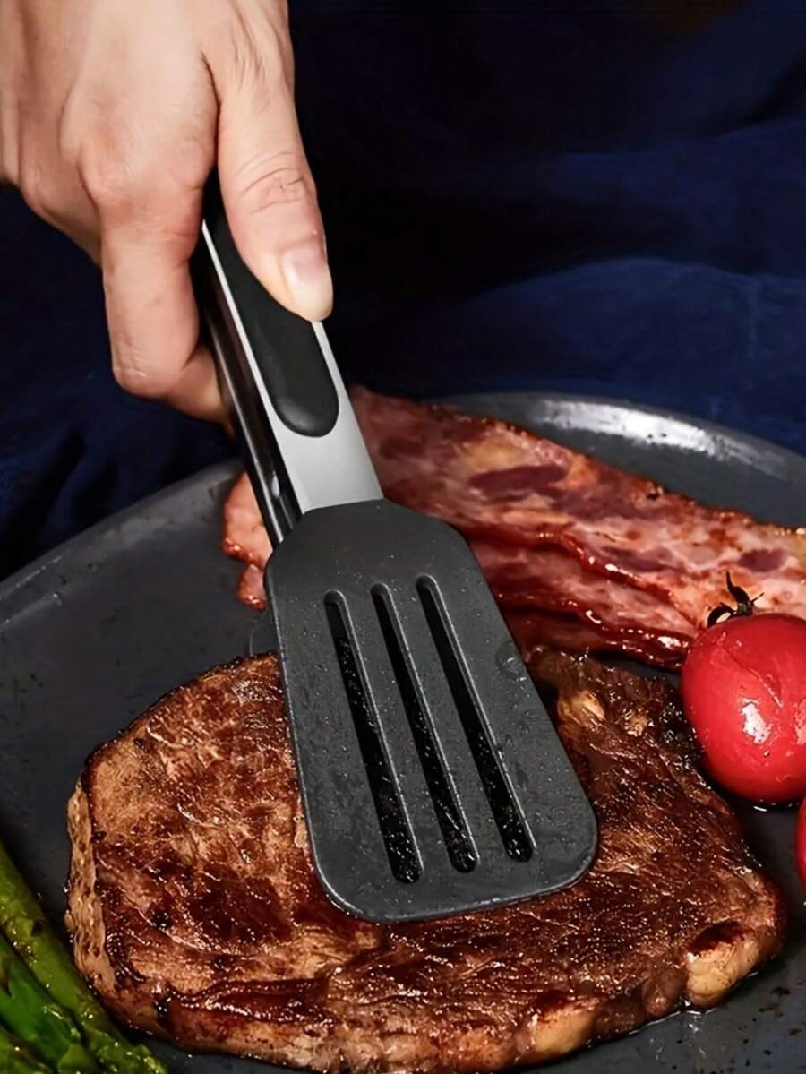 1pc Stainless Steel Food Tongs, Camping Outdoor BBQ Tongs, Baking Kitchen Tongs, Steak Tongs - Black - View 1