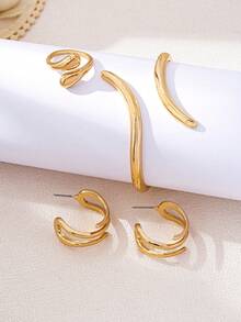 4 件/套几何水滴光滑镀金手镯、戒指、耳环首饰套装，适合女士，简约优雅多功能日常配饰，春季设计开口手镯