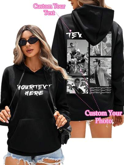 Sudadera con capucha de forro polar personalizada con foto impresa para mujer, negra, personalizada con fotos de amigos/familia/pareja/mascotas, ideal para cumpleaños, aniversario, San Valentín, sudadera casual, adecuada para Halloween, Navidad, vuelta al colegio, atuendo navideño, tops de otoño/invierno, regalo para ella, regalo de cumpleaños