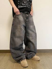 Hearty Haven 男士加大码水洗宽松牛仔裤，休闲舒适百搭阔腿牛仔裤，四季皆宜（不含腰带和配饰） - 灰色 - 查看 2