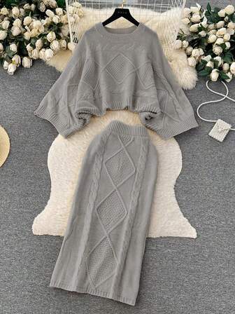 2pcs/Set Women Fashion Casual Batwing Sleeve Sweater And Bodycon Skirt Suit, Elegant Ladies Autumn/Winter Outfit