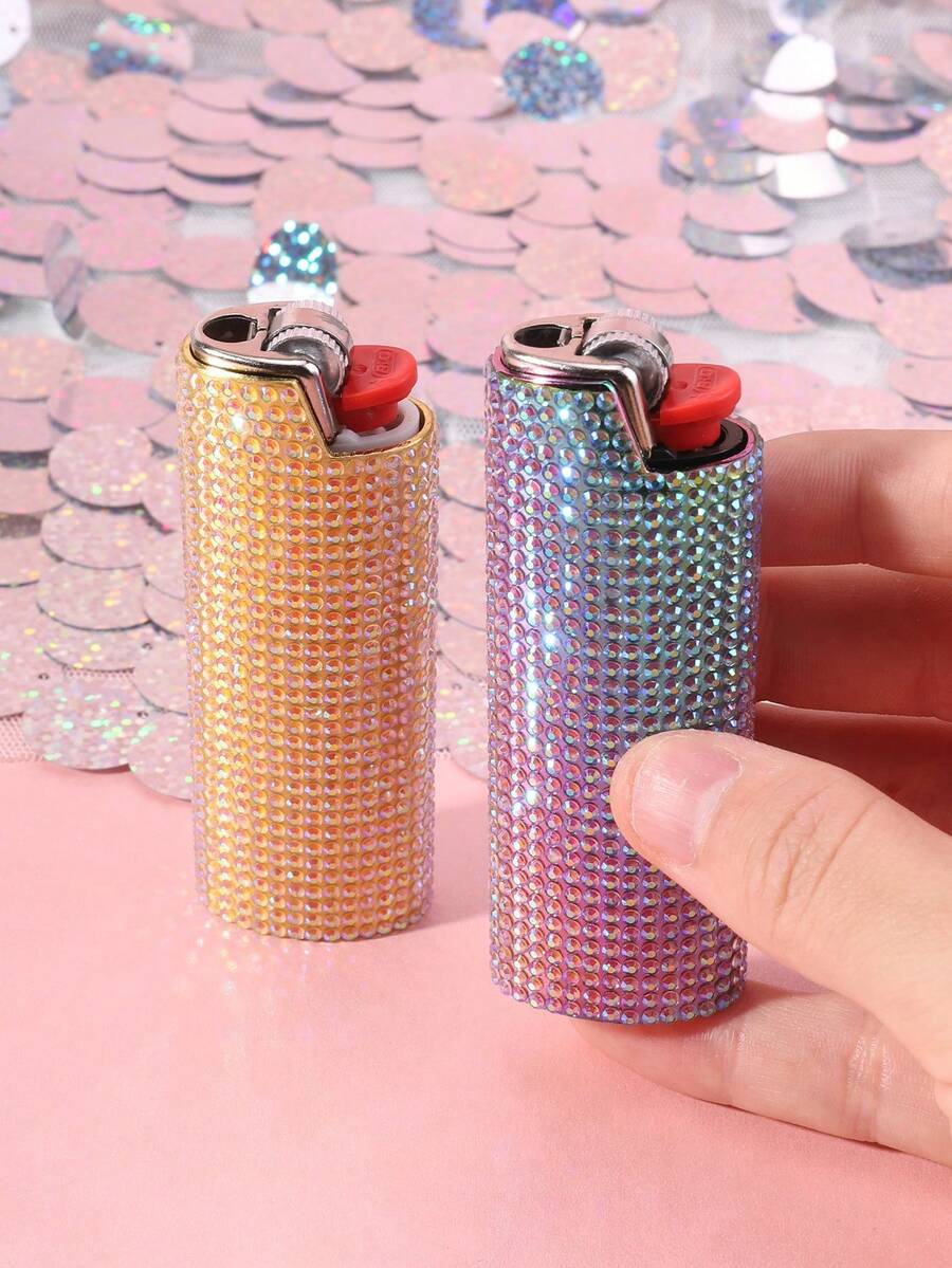 [1pc Zinc Alloy Lighter Case] 1pc Sparkling Artificial Diamond Decoration Zinc Alloy Lighter Case&Lighter Sleeve For Model BIC-J6.