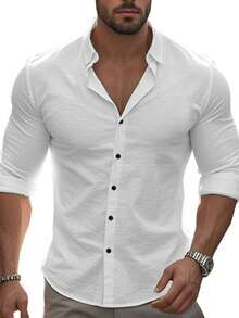 1 pieza Camisa de botones de lino transpirable para hombres, estilo casual elegante adecuado para uso diario, viajes a la playa, cafeterías al aire libre, excursiones de fin de semana y días laborales casuales, otoño