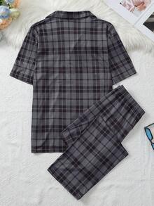 Men's Spring/Summer Lightweight Pajama Set, Collared Button Pocket Contrasting Grid Print Short Sleeve Top & Long Pants, Casual Comfort Homewear - Multicolor - View 2
