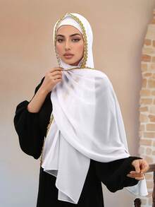 1pc Solid Color Faux Pearl & Gold Floral Chiffon Scarf, Casual Elegant Breathable Hijab, Suitable For Outdoor, Beach, Daily Wear For Dress,Holiday - Golden Double-sided Flower Chiffon Scarf - View 4