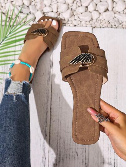 女士时尚休闲系带凉鞋，夏季舒适平底一脚蹬沙滩拖鞋