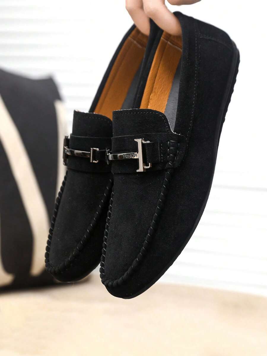 Men's Loafers, New Casual Shoes, Versatile Moccasin Shoes, Slip-On Boat Shoes With Metal Buckle Decor, Suitable For Casual, Valentine's Day, Halloween, Going Out (Size Runs Small And Narrow, Suggest Ordering One Size Up) Chic Autumn - Black - View 1