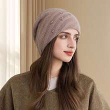Women Slouchy Hat, Elastic Knitted Hat Pearls Soft Beanie Warm Cap For Casual Daily - Khaki - View 2