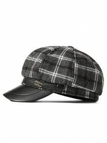 1 pieza Boina retro elegante, con estampado de cuadros y decoración de letra metálica, estilo gorra de periódico, adecuada para uso diario de mujeres