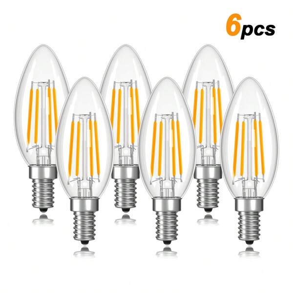 6Pack C35 4W E14 LED Candelabra Bulb Dimmable Chandelier Candle Light Bulb 2700K Warm White 40Watt Equivalent Incandescent Bulb C35 B11 220V Vintage Candle Edison Bulbs For Chandelier Sconce Porch Lights Ceiling Fan