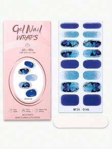16pcs Chinese Style Semi-Cured Gel Nail Stickers, Celadon Butterfly Pattern Self-Adhesive Gel Nail Stickers, Easy Manicure, Salon Quality, Women DIY Nail Stickers Nails Nail Supplies - Blue - View 4