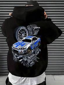 Men's Text Print Drawstring Hoodie Sweatshirt Y2K Streetwear  Car Engine & Racing Graphic Hooded Sweatshirt - Fleece Long Sleeve Hoodie With Pockets Unisex Winter Streetwear For Automotive Enthusiasts Casual Outdoor Wear & Halloween Gift (Machine Washable Regular Fit) Graphic Hoodie Sudaderas Para Hombre  Fall Clothes For Wo Halloween Cotton Hoodie - 黑色 - 查看 1