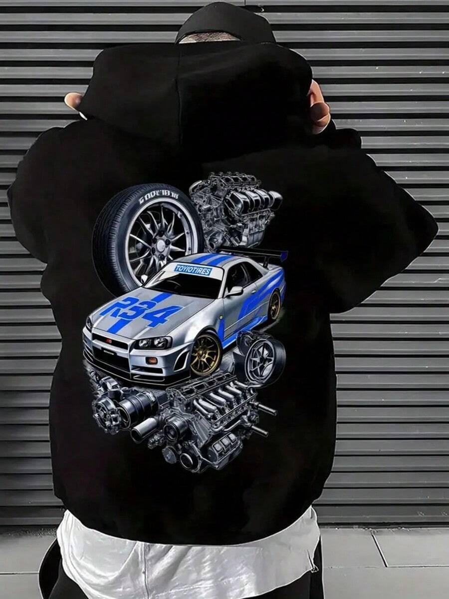 Men's Text Print Drawstring Hoodie Sweatshirt Y2K Streetwear  Car Engine & Racing Graphic Hooded Sweatshirt - Fleece Long Sleeve Hoodie With Pockets Unisex Winter Streetwear For Automotive Enthusiasts Casual Outdoor Wear & Halloween Gift (Machine Washable Regular Fit) Graphic Hoodie Sudaderas Para Hombre  Fall Clothes For Wo Halloween Cotton Hoodie - 黑色 - 查看 1