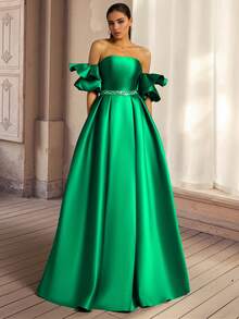 Đầm dự tiệc VIPGIRL màu xanh lá cây, không dây vai, hở lưng, thắt nơ, sang trọng dành cho nữ. - màu xanh lá - Xem 1