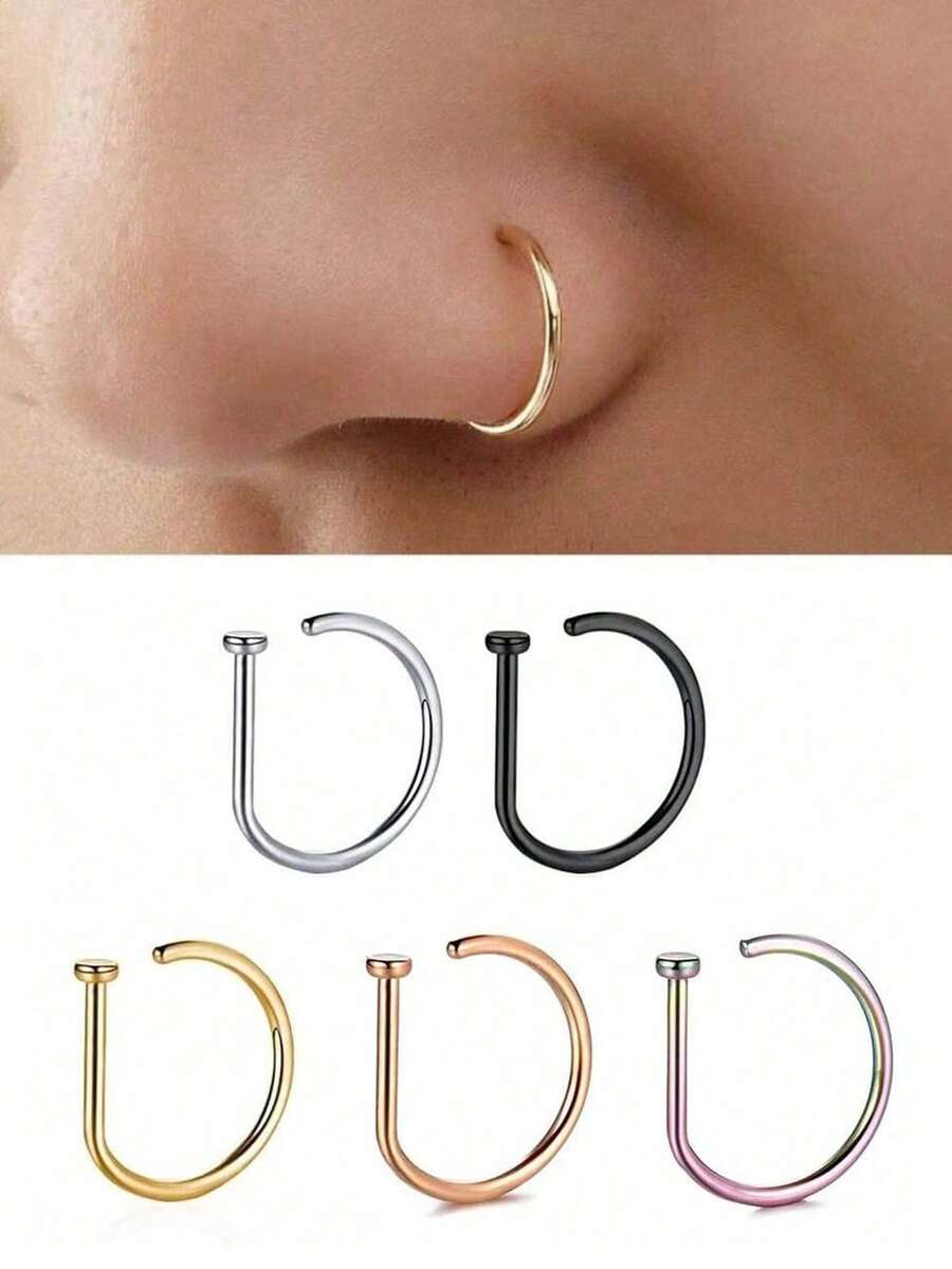 1/3/5Pcs Fake Piering Nose Ring Men Women Fashion 14K Golden D-Shape Punk Non Piercing Nose Clip Stainless Steel Perforation Septum Suitable For Teenagers Body Jewelry