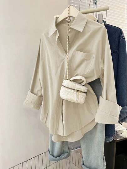 Camisa de mujer de Vera Lane, de estilo casual y sencillo, de unicolor, con botones, manga larga y bolsillos, en color caqui. Ropa escolar, de Halloween, Navidad, otoño y estilo coreano para mujer. Ropa de invierno con estilo "Old Money".