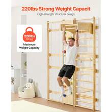 Swedish Ladder Wall Gym, 9-In-1 12-Level Solid Wood Gymnastic Stall Bars For Kids Adults, 220LBS Indoor Jungle Gym With Rock Climbing Wall, Gym Rings, Pull-Up Bar, Climbing Board, Slide, Swing - L, Natural Wood, 17-ply Grip, 9-in-1 Set - View 5