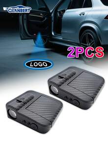 GLANBERT 2 piezas Luces LED de bienvenida con patrón de fibra de carbono, luces de proyección de logotipo inalámbricas, luces de cortesía decorativas con sensor automático compatibles con BMW, Audi, Opel, Mercedes-Benz, etc.