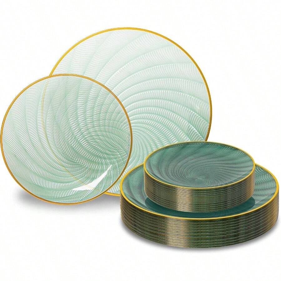 60PCS Green Plastic Plates Party, Heavy Duty Disposable Plate With Gold Rim, Elegant Design 30 Dinner 30 Dessert Plates Wedding, BirthdayTranslucent Green - màu xanh lá - Xem 1