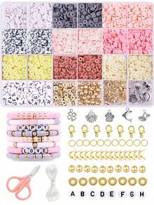 24 Colors 6mm Polymer Clay Flat Disc Beads, DIY Necklace, Bracelet, Phone Strap, Keychain Jewelry Making Kit With Alphabet Discs, Scissors, Elastic String, Metal Charms, Clasps, Bohemian Style Jewelry Set - Multicolor - View 3