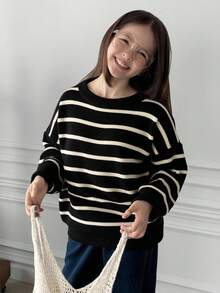 DAZY Tween Girl Oversized Crew Neck Striped Knitted Sweater, Autumn,Back To School Clothes - Black - View 2
