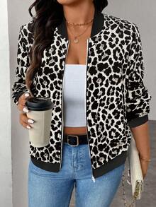 Keke Bloomly New Fashionable Lightweight Comfortable Regular Cardigan Jacket For Plus Size Women, Thin Long Sleeve Zip-Up Casual Leopard Print Baseball Jacket, - Grey - View 2