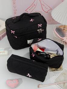 Bolsa de cosméticos con patrón de lazo bordado en rosa, bolsa de almacenamiento de cosméticos acolchada de espuma, bolsas de maquillaje de viaje lindas, bolsa de almacenamiento de artículos multifunción, bolsa de gran capacidad - Negro - Ver 3