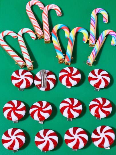 Grampos de Cabelo Coloridos de Bastão de Doce de Natal DIY, Acessórios de Grampo de Cabelo Tipo Bico de Pato Decoração de Festa Casual e Fofa, Decoração de Barras de Cabelo Antiderrapante para o Natal para Mulheres, Barras de Cabelo Metálicas Inspiradas em Desenhos Animados Doces para Franja e Cabelo Lateral, Acessórios Coloridos com Listras e Bolinhas para Comemorações de Feriados