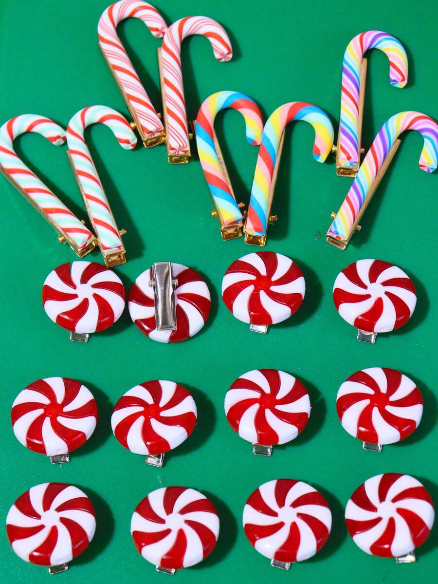 彩色拐杖糖圣诞DIY发夹，休闲可爱派对装饰发夹配饰，防滑圣诞发卡，女士装饰发夹，甜美卡通风格金属发夹，适用于刘海和侧发，彩色条纹和波点配饰，节日庆典发饰，头饰，发夹