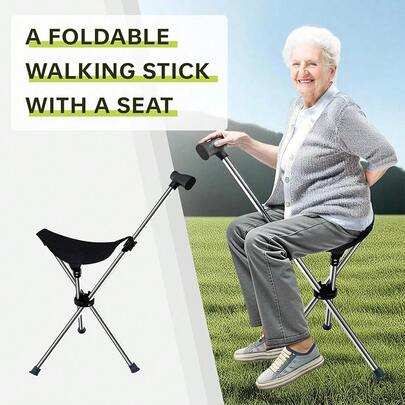 Telescopic Walking Cane, Walking Stick With Seat, Folding Trekking Stick, Adjustable Aluminum Alloy Walking Stick Seat With Non-Slip Rubber Tip, Lightweight Collapsible Cane Crutch, Load Capacity 150kg Black