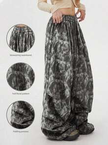 Plus 女式扎染印花百褶宽松裤 - 深灰 - 查看 1