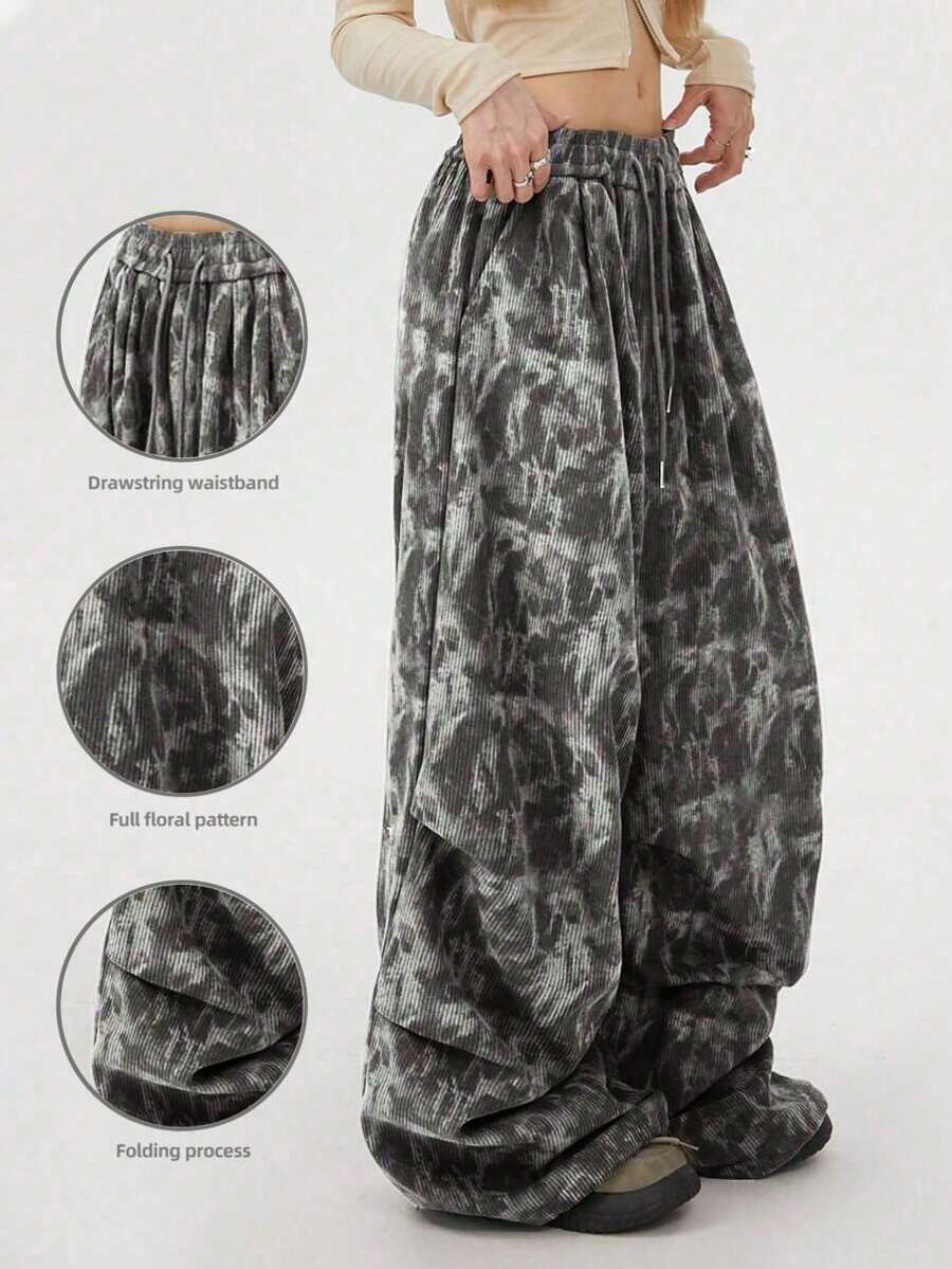 Plus 女式扎染印花百褶宽松裤 - 深灰 - 查看 1