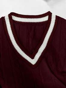 Men's Autumn/Winter Preppy Style Striped Colorblock Knit Vest, Casual Versatile Business Commute Sweater - Burgundy - View 4